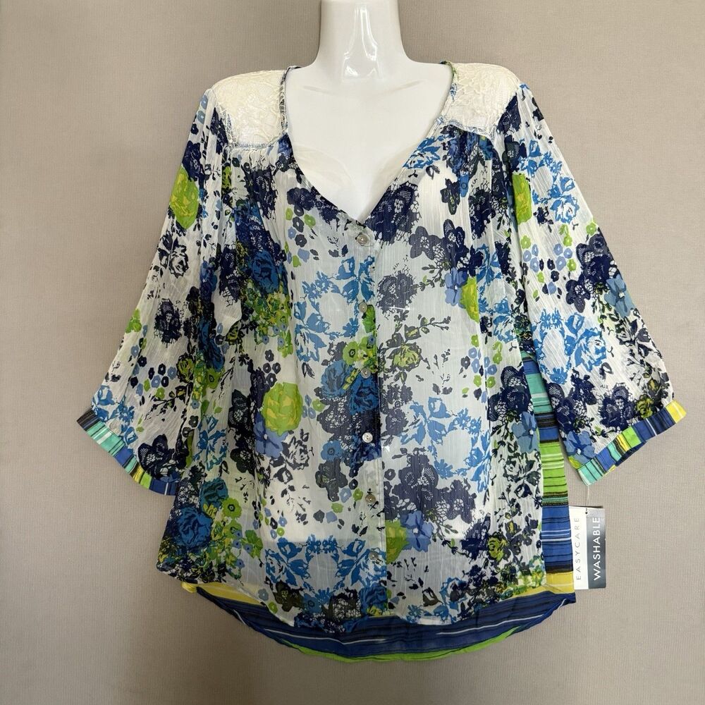 Figueroa & Flower Sheer Blue Green Floral Button Blouse Plus 1X Womens New